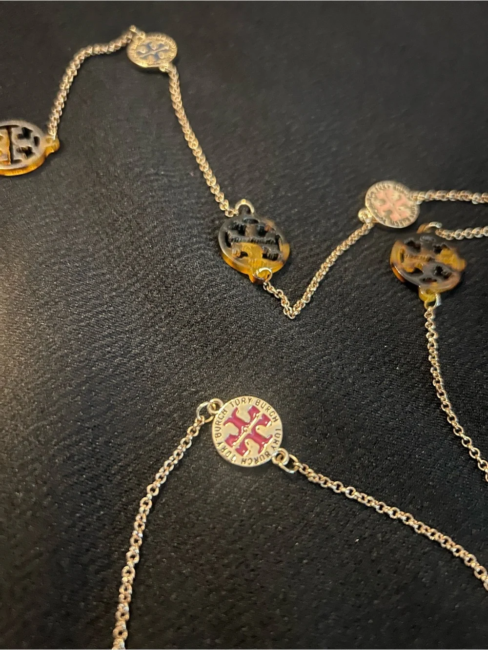 Authentic Tory Burch Gold-Tone Miller Necklace with Tortoise & Coral Medallions